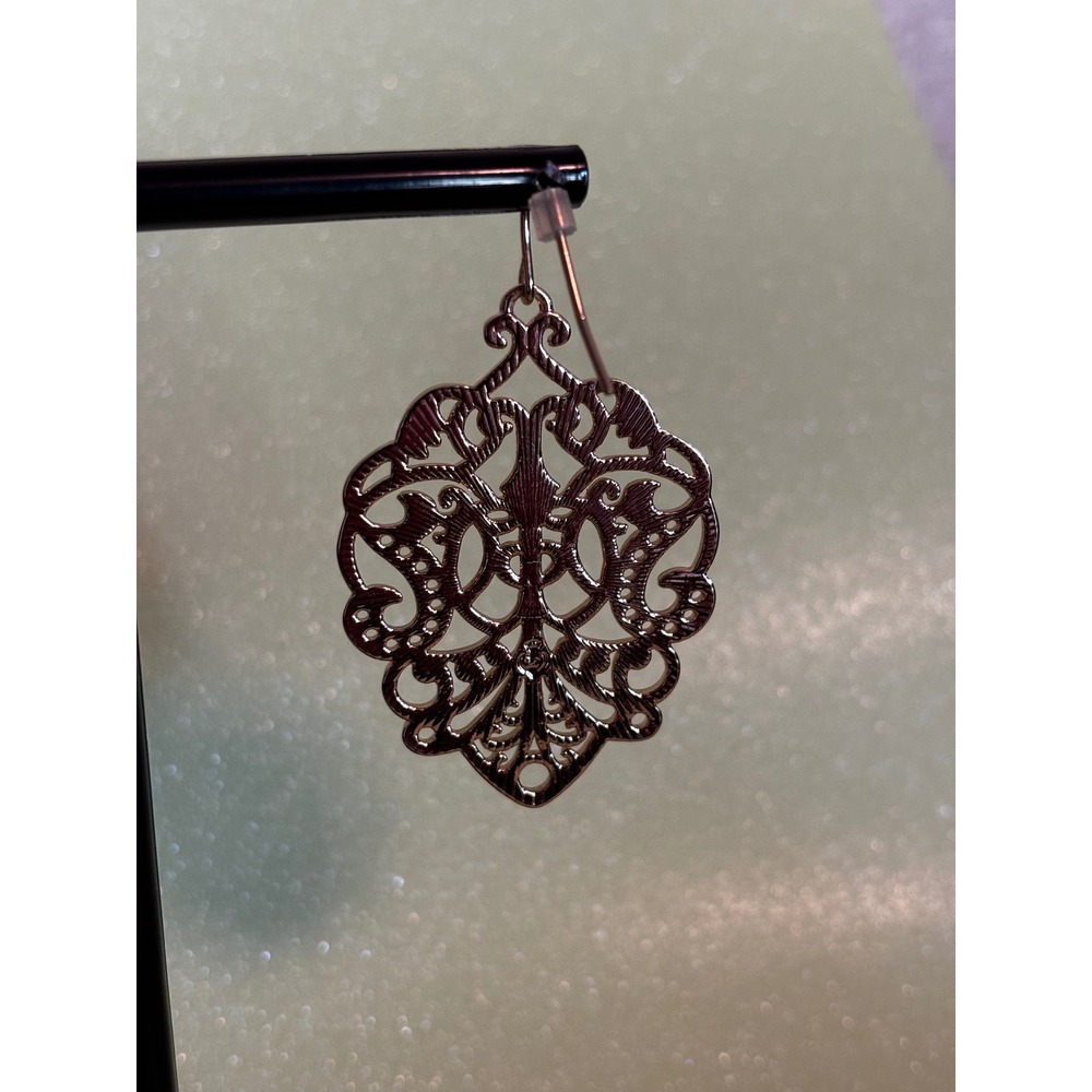 Rose Gold Tone Filigree Drop Earrings Moroccan Scroll Openwork Dangle Statement - Picture 4 of 4